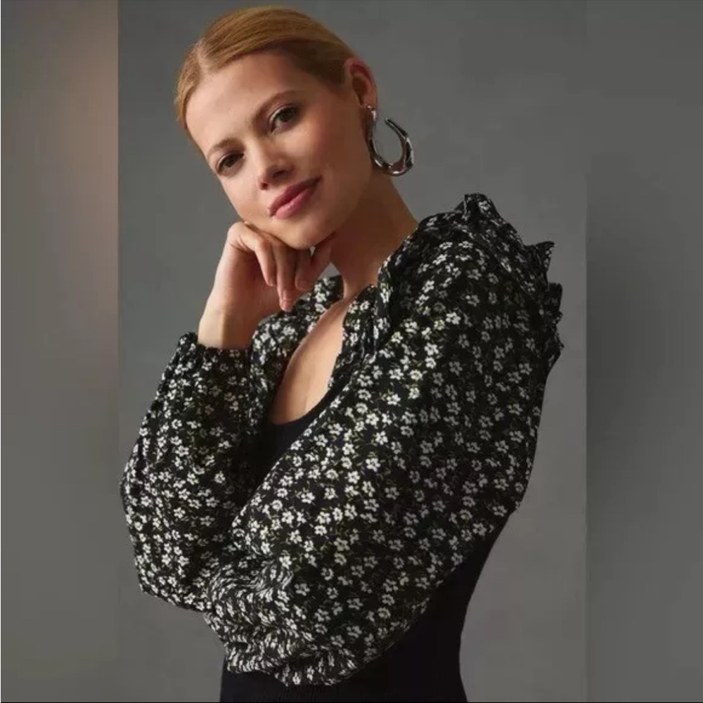 NWT Anthropologie black ribbed puff sleeve floral sweater XS